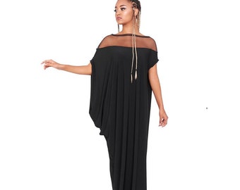 Off Shoulder Draped Maxi Dress, Sheer Yoke Caftan Gown, Loose Column Dress, Minimalist Evening Dress, Flowing Black Dress