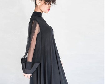 Black Maxi Dress, Black Gown, Evening Dress, Cocktail Dress, Plus Size Dress, Women Dress, Goth Dress, Long Sleeve Dress, Minimalist Dress