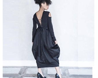Vestido midi de algodón negro con espalda descubierta, estilo vanguardista asimétrico, talla grande, vestido único y extravagante, envío gratis.