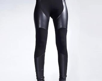 Goth vegan leer rekbare legging, hoog getailleerde punk slanke broek, steampunk festivalbroek, moto-stijl broek, skinny broek