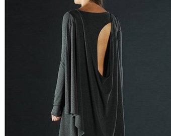 Extravagant Tunic, Tunic Dress, Gray Tunic, Loose Tunic, Open Back Dress, Oversized Dress, Long Sleeve Top, Party Tunic, Asymmetrical Top