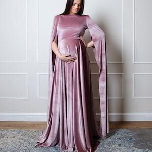 Blush Velvet Maternity Gown, A-Line Baby Shower Dress with Train, Photoshoot Outfit, Dress for Pregnant Women, Custom Made