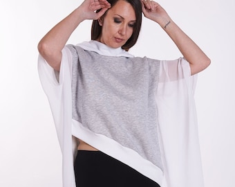 Gray Cotton Chiffon Blouse: Plus Size Oversized Short Sleeve