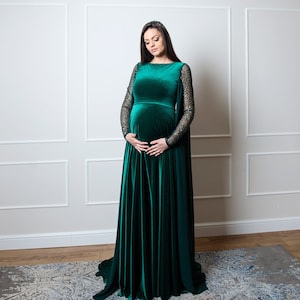Elegancka szmaragdowa aksamitna sukienka koktajlowa dla kobiet w ciąży na baby shower, wesele i formalne wydarzenia, sukienka dla kobiet w ciąży, sukienka w kształcie litery A