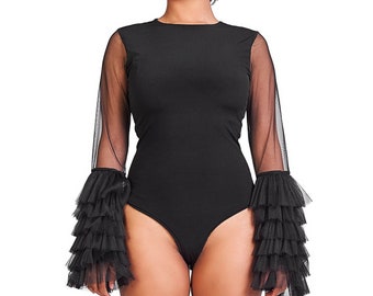 Schwarzer Langarm Bodysuit Frauen, Extravaganter einteiliger Body, Fashion Bodysuit Bluse, 80er Jahre Bodysuit, Tanz Bodysuit, ein Stück, Bodysuit
