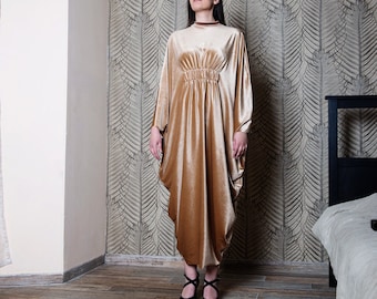 Gold Velvet Maternity Dress for Wedding Guest, Formal Loose Draped Maternity Dress, Modest Plus Size Formal Dress, Custom Fit Elegant Dress