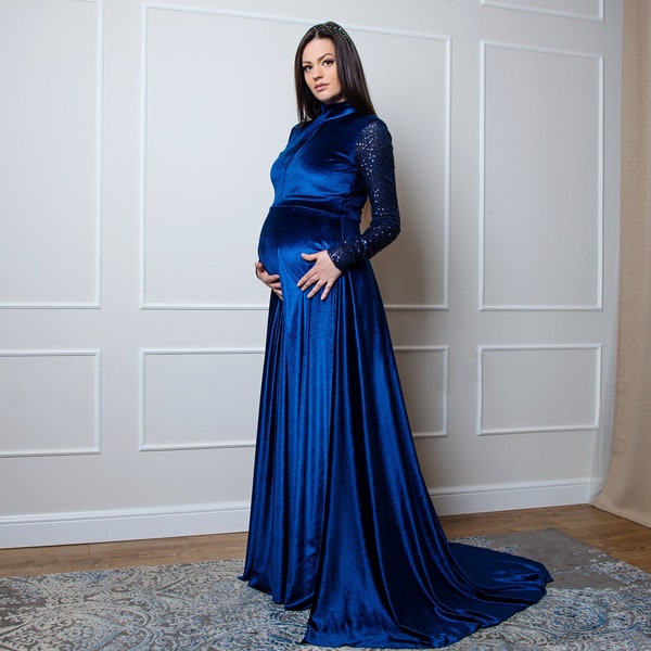 Long Blue Maternity Gown for Photo Shoot, Fall Maternity Dress for Baby Shower, Plus Size Loungwear, Photo Shoot Costume, Matching Outfit