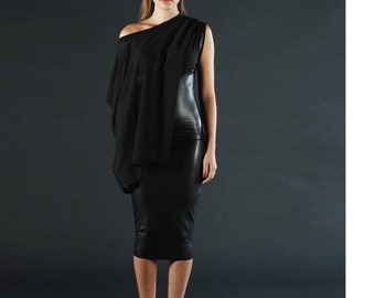 Black Faux Leather Midi Dress, Avant Garde Bodycon Dress, Chiffon Detail Evening Dress, Elegant Formal Party Dress