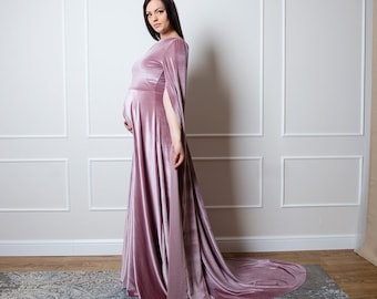 Blush Velvet Maternity Dress For Photo Shoot, Blush Dress For Baby Shower, Long Plus Size Maternity Dress, Formal Maternity Photoshoot Dress