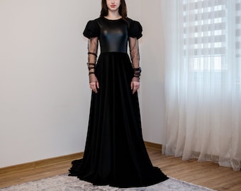 Leather and Tulle Goth Prom Dress, Flowy Floor Lenght Black Ball Gown, Romantic Vamprire Dress in Alternative Regency Style