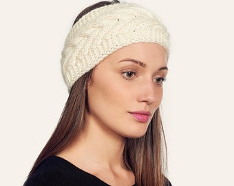 Bandeau blanc en laine, turban tricoté à la main, bandeau d'hiver, cache-oreilles pour femme, bandeau en tricot torsadé, turban en grosse maille, bandeau, cadeau pour elle