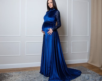 Long Blue Maternity Gown for Photo Shoot, Fall Maternity Dress for Baby Shower, Plus Size Loungwear, Photo Shoot Costume, Matching Outfit