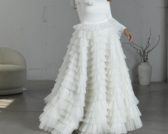 Ruffle Tulle Wedding Skirt, Tiered Bridal Skirt, White Full Volume Maxi, Floor Length Formal Skirt, Civil Wedding Skirt, Photoshoot Skirt
