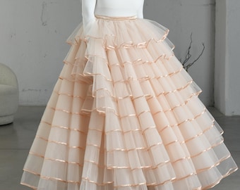 Peach Tiered Tulle Maxi Wedding Skirt with Ribbon Trim, Voluminous Ball Gown Skirt for Bride Engagement Shoot, Quinceanera Photo Skirt