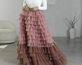 Dusty Rose Layered Tulle Wedding Skirt, Romantic Bridal Maxi, Couture Skirt