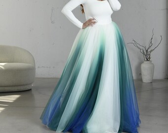 Wedding Watercolor Ombre Tulle Skirt, Blue Green Bridal A-Line, Floor Length Colorful Bridal Separates