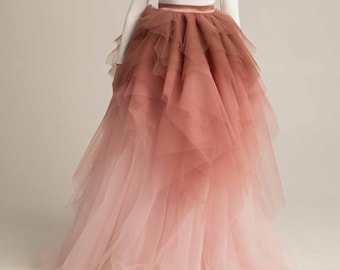 Blush Ruffled Wedding Skirt, Layered Tulle Bridal Floor Length Skirt, Dusty Rose Couture Ball Maxi Outfit