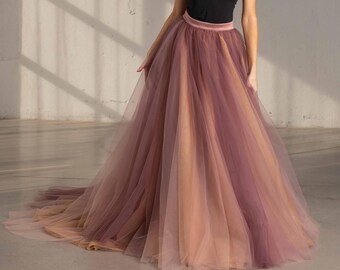 Dusty Rose Wedding Skirt, Ombre Tulle Bridal Skirt with Cathedral Train