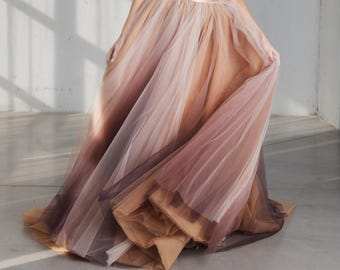 Falda de tul degradada para novias con cola, conjunto de boda en tonos melocotón nude y rubor, maxivestido etéreo con capas
