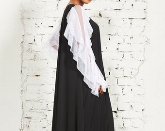 Steampunk Maxi A-Line Black Dress with White Ruffle Sleeves, Midi Goth Style