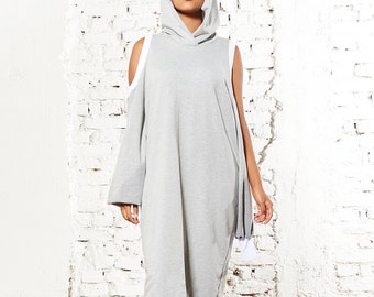 Fleece Hooded Tunic Dress: Oversized Gray Cotton Blend Casual Dress