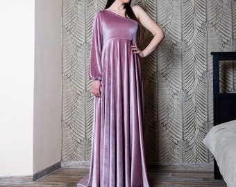 Vestido de terciopelo ruborizado, corte A, vestido de invitada de boda con un solo hombro, vestido de fiesta formal