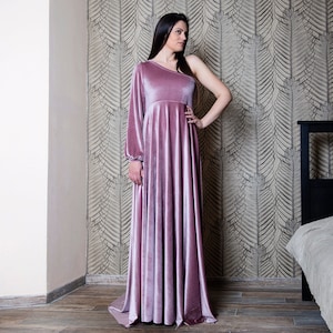 Velvet Blush A-line Fall Dress, One Shoulder Cocktail Gown, Formal Wedding Guest, Romantic Evening Wear, Made-To-Order, Stretch Velvet Dress