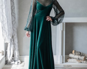Emerald Velvet Floor Length Christmas Gown, Party Holiday Dress, Wedding Guest Dress, Sequin Balloon Sleeves, Formal Evening Dress