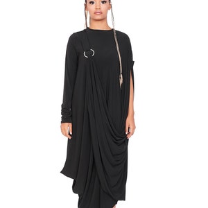 Robe ample en jersey, Robe trapèze noire, Robe d'été légère, Robe grande taille, Robe évasée décontractée minimaliste, Robe unique image 3