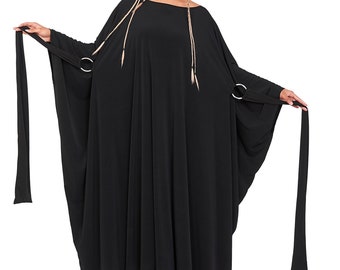 Caftán negro de jersey de talla grande, vestido kimono largo holgado, conjunto musulmán tipo abaya.