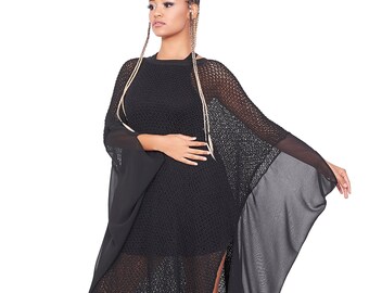 Plus Size Black Knit Tunic: Sheer Boho Maxi Cover-Up