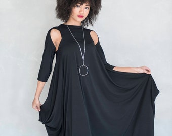 Black Oversized Maxi Jersey Goth Dress, Cut-out Sleeves Maxi Gown