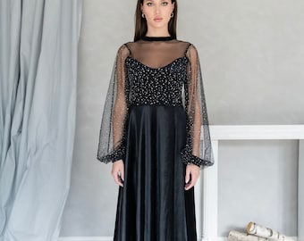 Sparkly Black Velvet Prom Dress, Sheer Crystal Illusion Sleeves, Modest Gown, Custom Made, Handmade