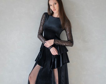 Long Velvet Formal A- Line Dress with Sequin Sleeves, Sheer Tulle Detail Dress, Goth Wedding Dress, Black Prom Dress,