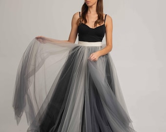 Falda de novia de tul con efecto degradado, tutú de boda largo hasta el suelo, moda gótica, degradado blanco y negro.