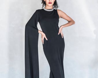 Vestido de noche negro de un solo hombro, vestido para la madre de la novia, vestido formal para invitada de boda, elegante vestido de etiqueta.
