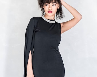 Black One Shoulder Evening Gown, Mother of the Bride Dress, Formal Wedding Guest Dress, Elegant Black Tie Dress