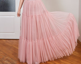Blush Pink Tiered Tulle Skirt, Long Maxi Victorian Skirt, Full Lenght Tulle Skirt, Plus Size Clothing, Princess Pink Bridesmaids Skirt