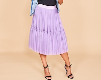 Lavender Elegant Midi Skirt for Young Lady, Flare Skirt, Classic Tulle Skirt, Circle Skirt, Elastic Waist Skirt, A-Line Skirt, Ladies Skirt