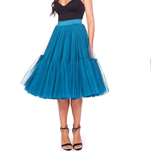 Blue Tulle Midi Skirt: High Waist Party Skirt