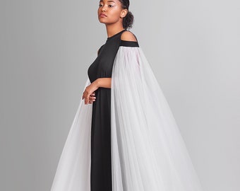 Extravagant Plus Size Long Formal Dress with Tulle Sleeve, Black and White Cocktail Dress, Flare Dress, Circle Dress, Avant Garde Clothing