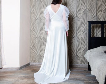 Ivory Wedding Velvet Dress with Sheer Sleeves, Long Bridal Dress with Open Back