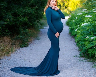 Turtleneck Maternity Dress, Long Sleeves Maternity Dress, Green Baby Shower Dress, Photo Prop Dress, Fitted Grown, Sexy Long Gown, Elegant