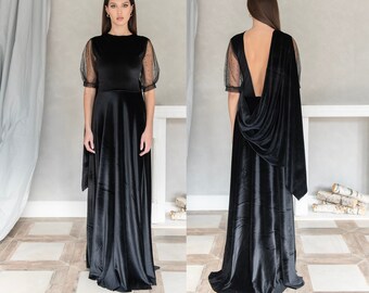 Avant Garde Formal Velvet Gown with Draped See Through Back and Sheer Sleeves, Goth Wedding Guest Dress, Bridesmaid Dress, Backless Dress