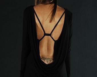Black Open Back Mini Dress: Long Sleeve Plunge Neck Bodycon