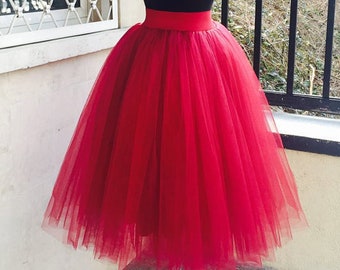 Tulle Midi Elastic Waist Red Skirt, Autumn Wedding Guest Skirt, Thanksgiving Skirt, Halloween Witchy Look, Custom Length/Size