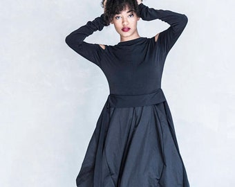 Black Steampunk Midi Dress: Open Back Gothic Balloon Gown