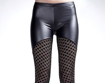 Schwarze Kunstleder Leggings mit Spitze