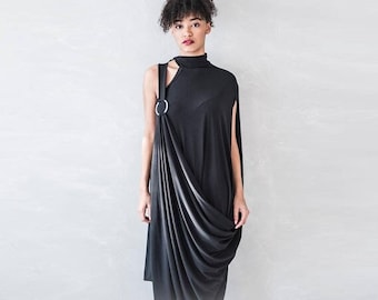 Avant Garde Black Dress, Goddess Dress, Maxi One Shoulder Dress, Unique Futuristic Clothing, Off Shoulder, Drape Detail, Goth Loose Dress