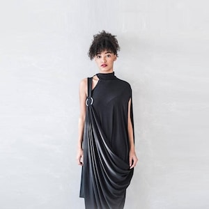 Handmade Black Draped Dress: Asymmetric One Shoulder Ring Detail